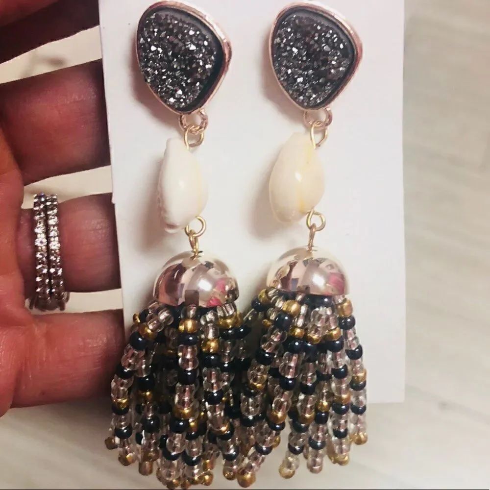 Bohemian Rockstar Gray druzy shell Tassel earrings